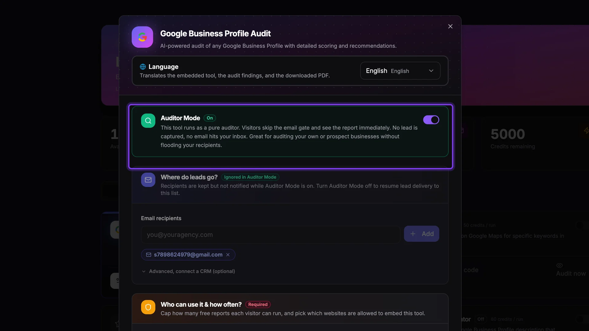 Auditor Mode switched on in the Configure dialog with the section highlighted