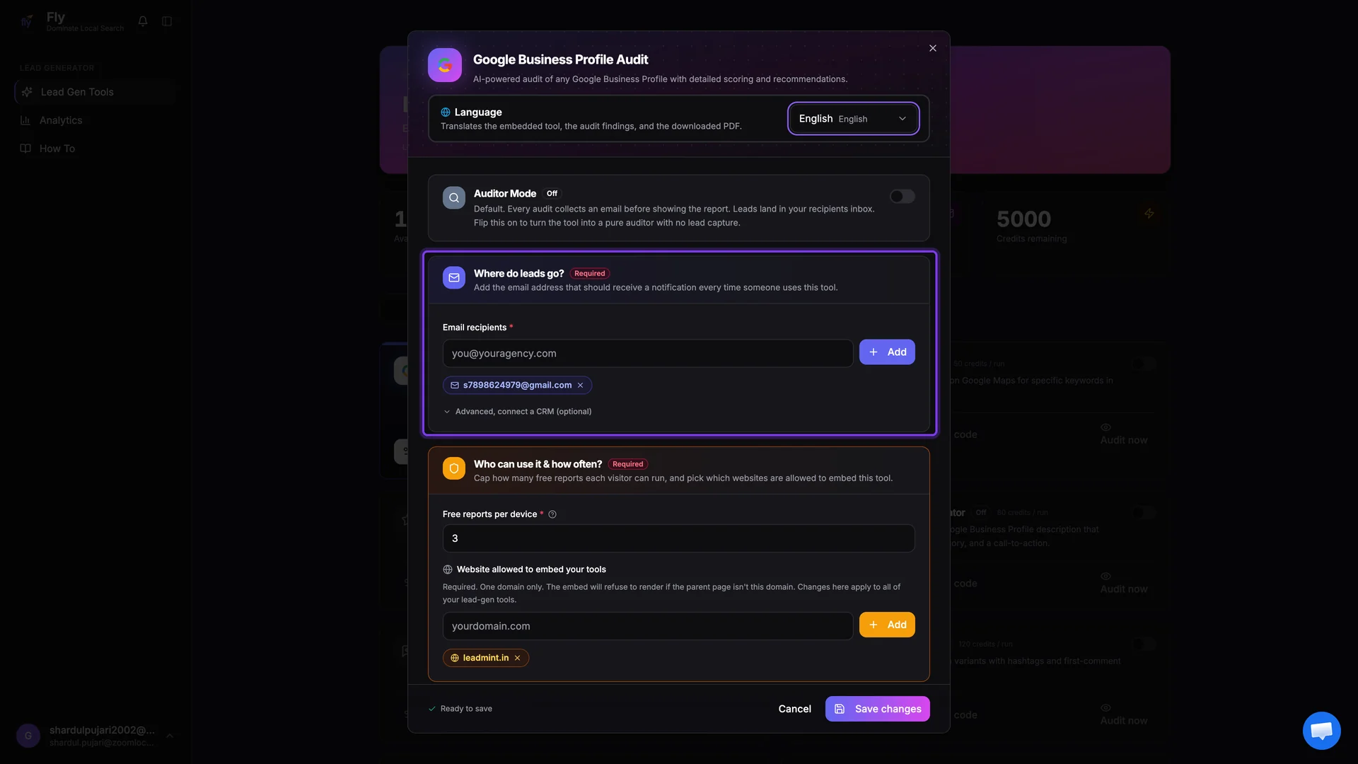 Configure dialog with the leads section highlighted