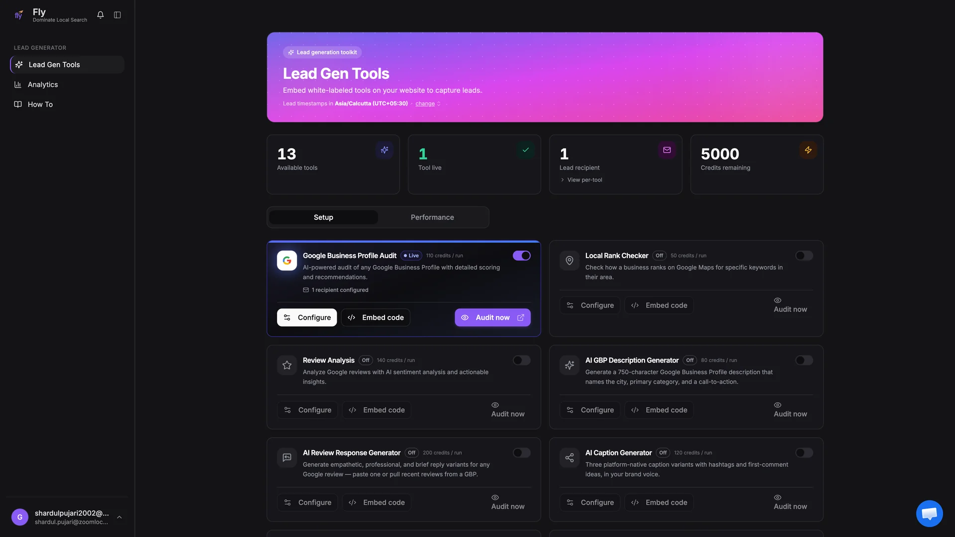 Setup tab listing all 13 tools with toggles
