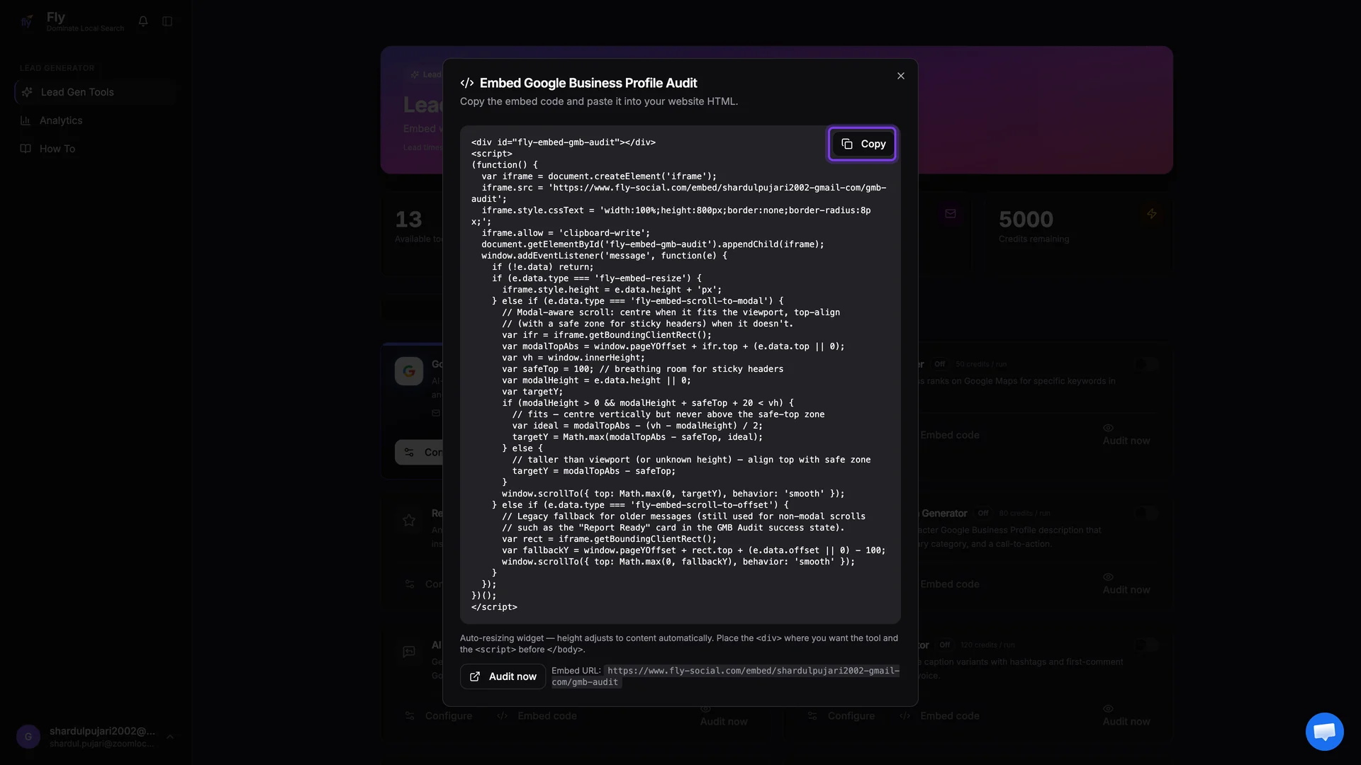 Embed code dialog with the Copy button highlighted