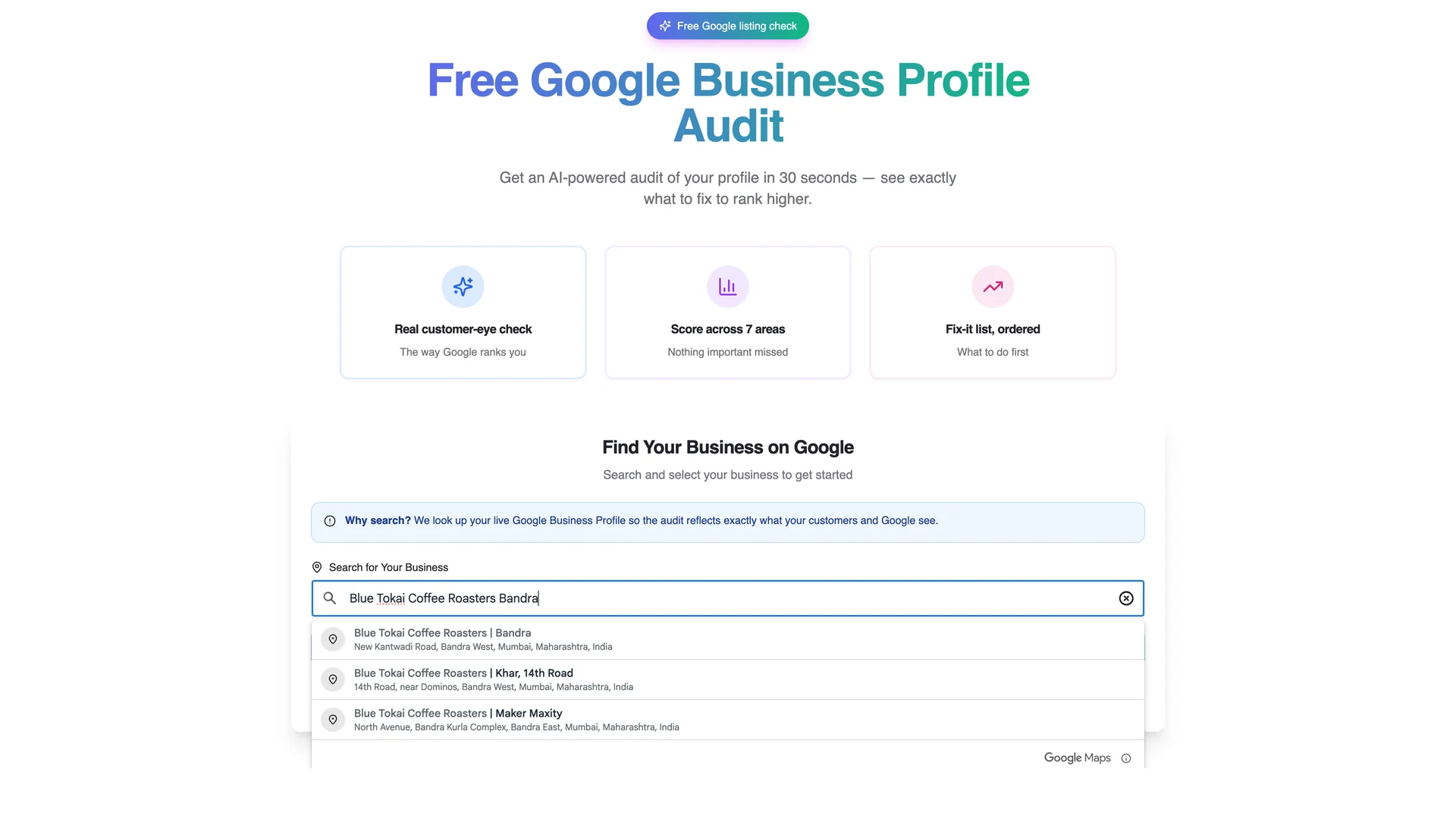 Business search with live Google suggestions