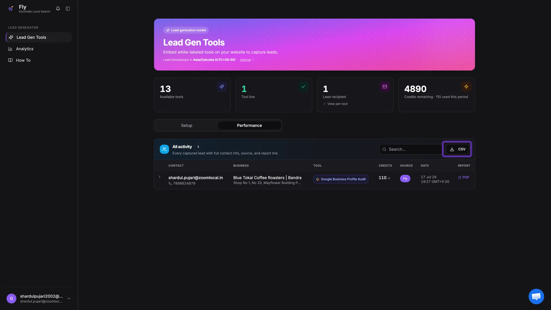 Lead Gen Tools dashboard with stat tiles and a captured lead in the Performance tab