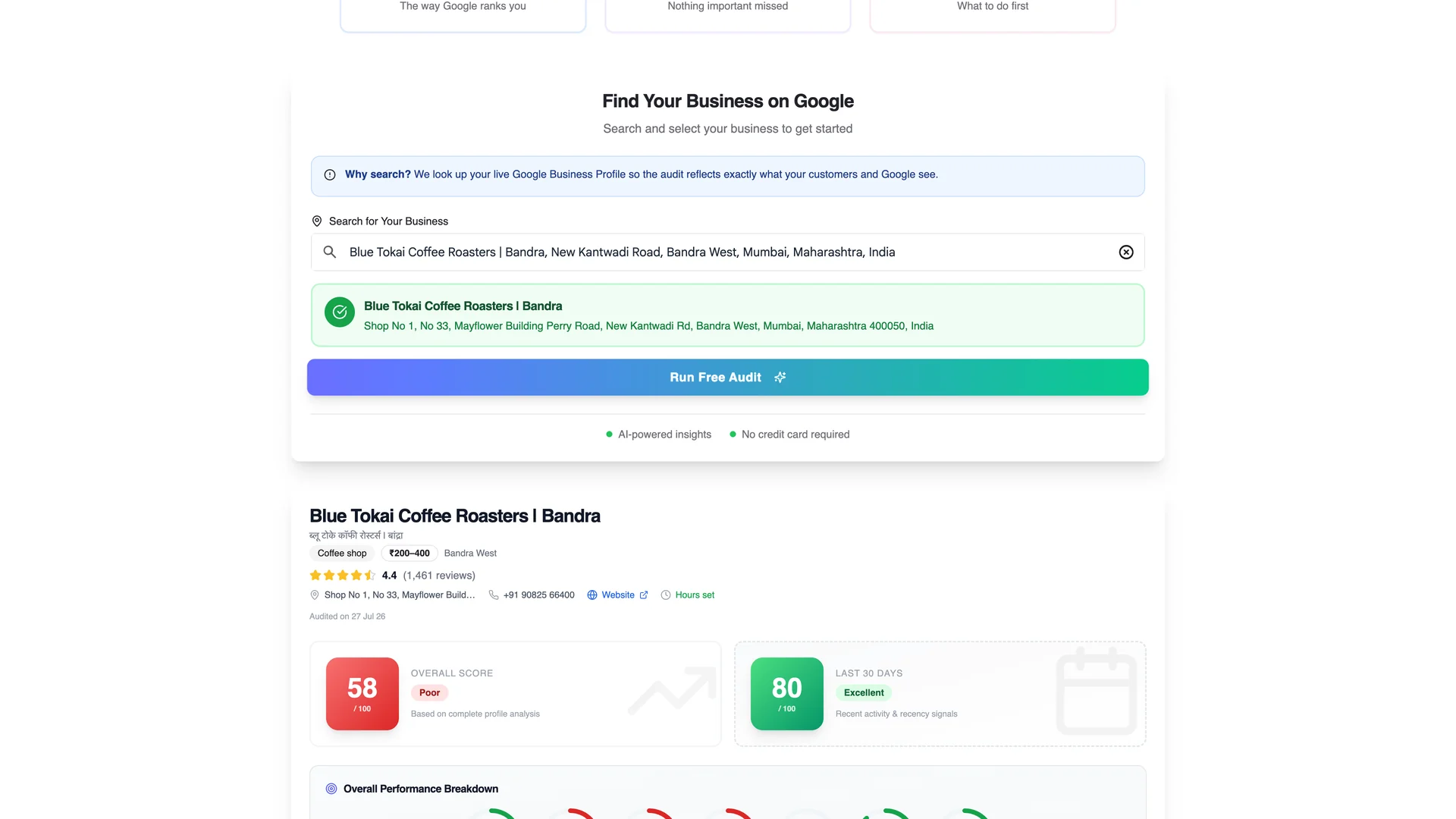 Report header with overall score, last 30 days score, and performance breakdown visible before any email